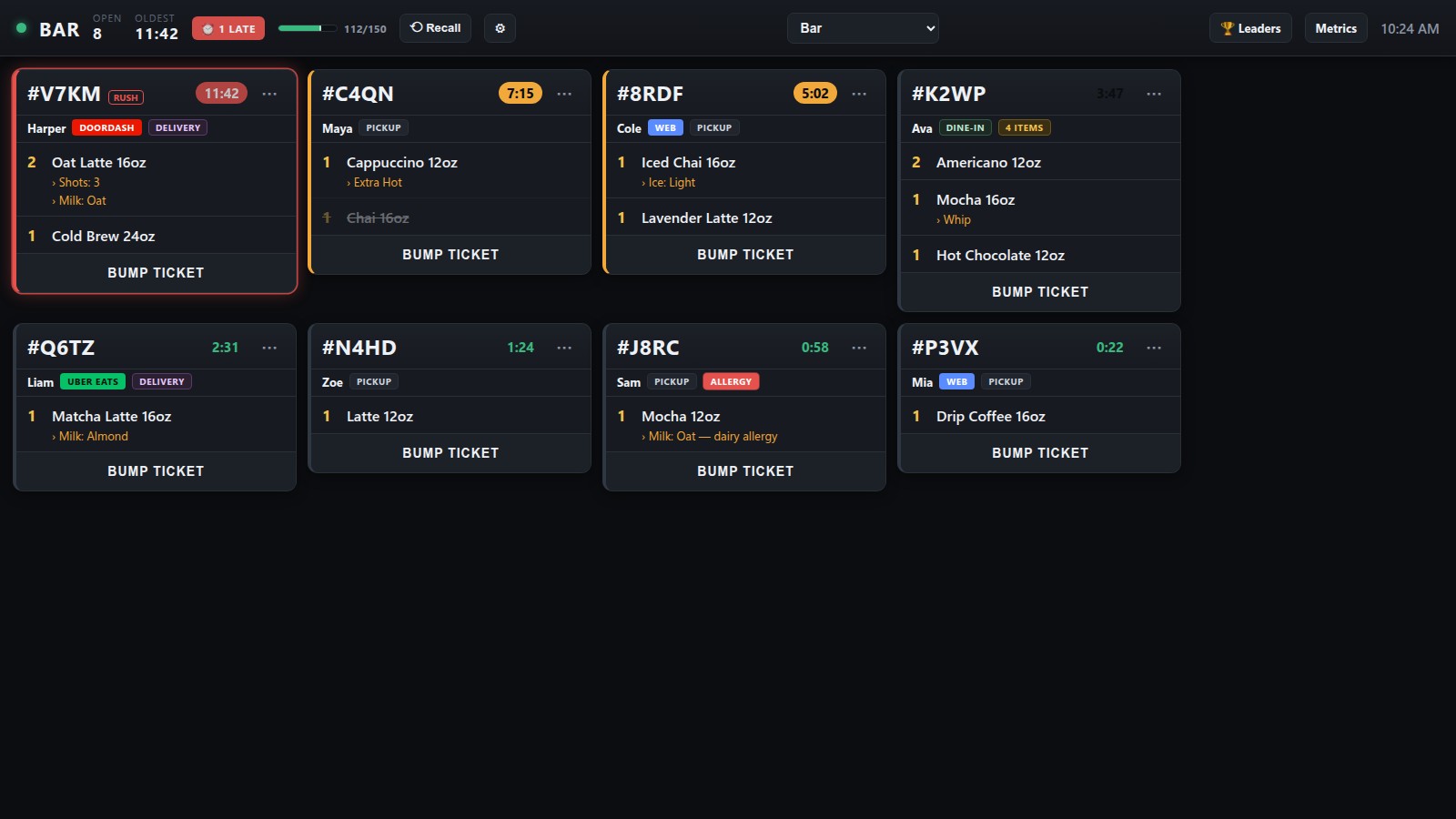 Tiko KDS bar station board showing eight drink tickets with timers, modifiers, DoorDash and Uber Eats badges, a rush ticket, and an allergy flag