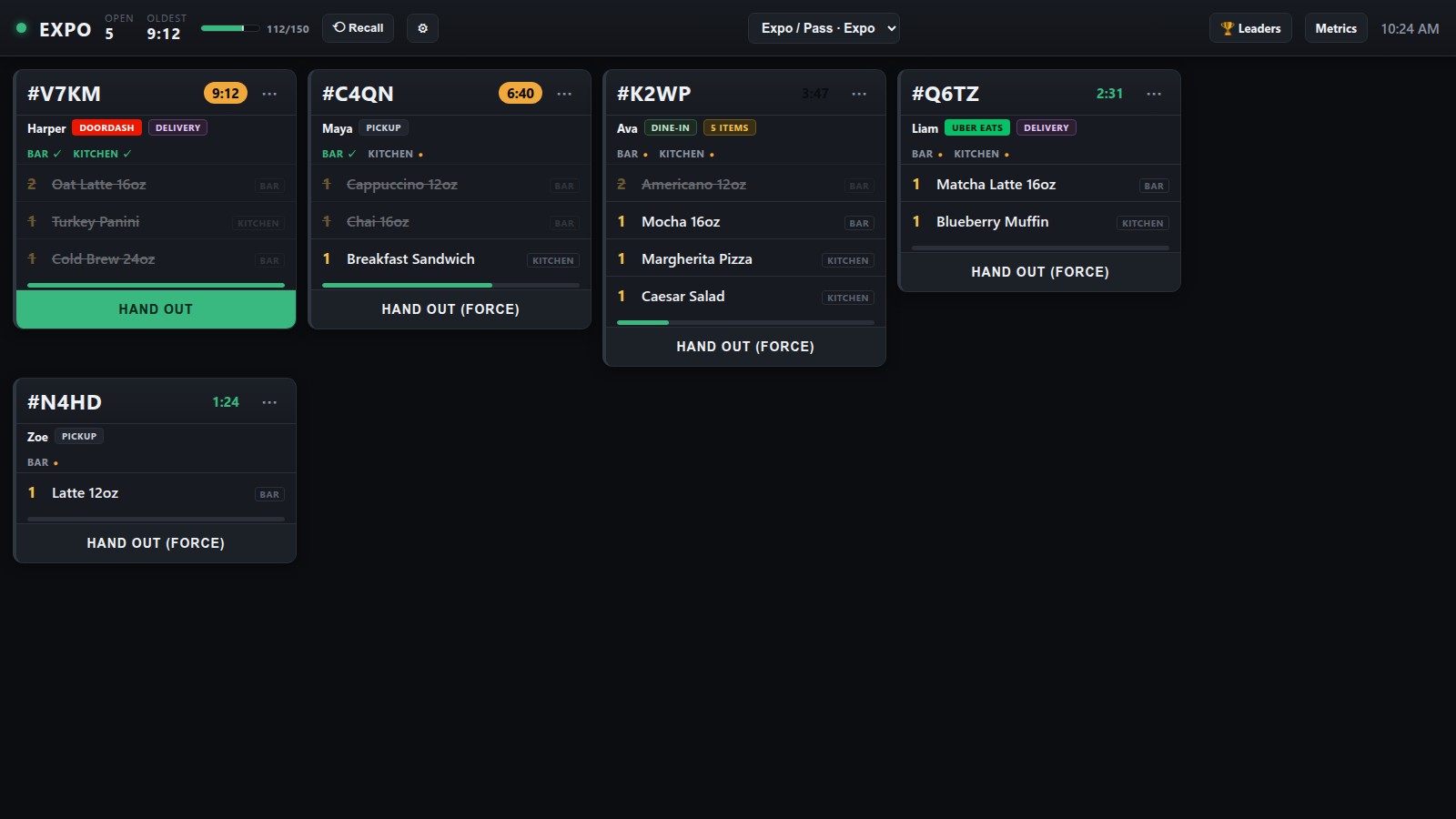 Tiko KDS expo screen showing tickets with per-station progress chips, completeness bars, and a green HAND OUT button on a completed DoorDash delivery order
